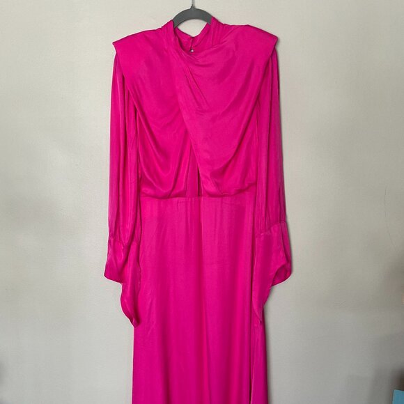 NWOT Farm Rio Satin Maxi Dress | Draped Bodice, Cutout, Padded Shoulders size L - Picture 6 of 11